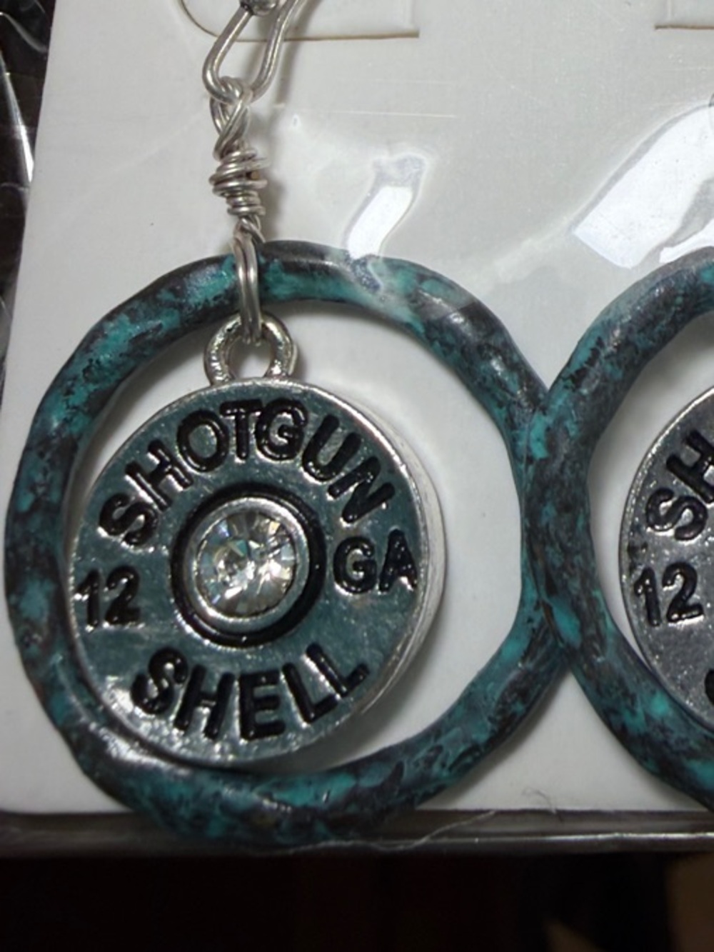 NWT Patina Silver Shotgun Shell Dangle Earrings Rhinestone Accent - Picture 3 of 3